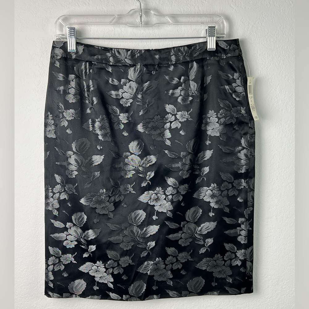 INC Black with Gray Silver Jacquard Floral Pencil Skirt Evening Party Formal
